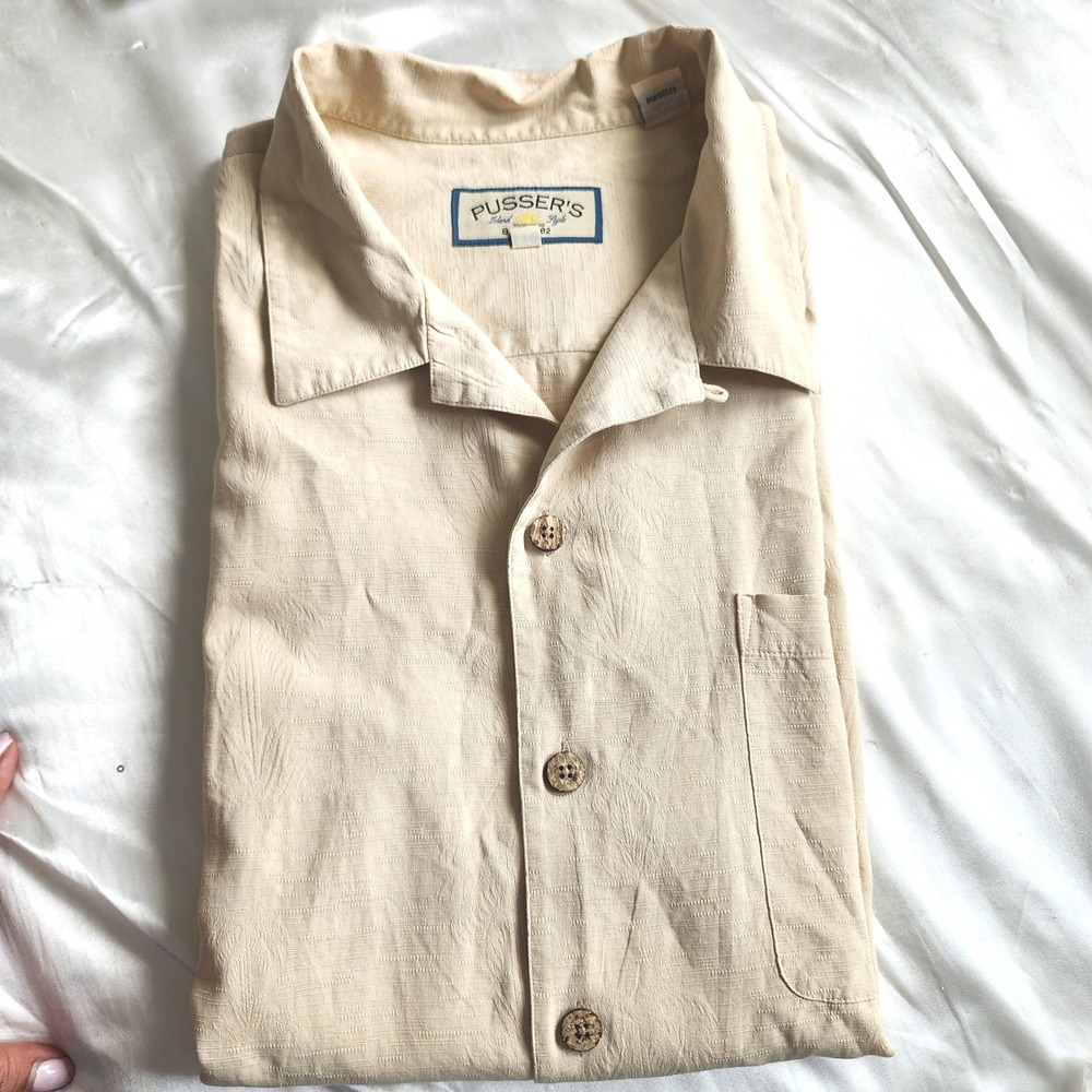 Pussers Island Style Mens XL Silk Cotton Beige Jacquard Button Down Shirt Luxury - Picture 2 of 9